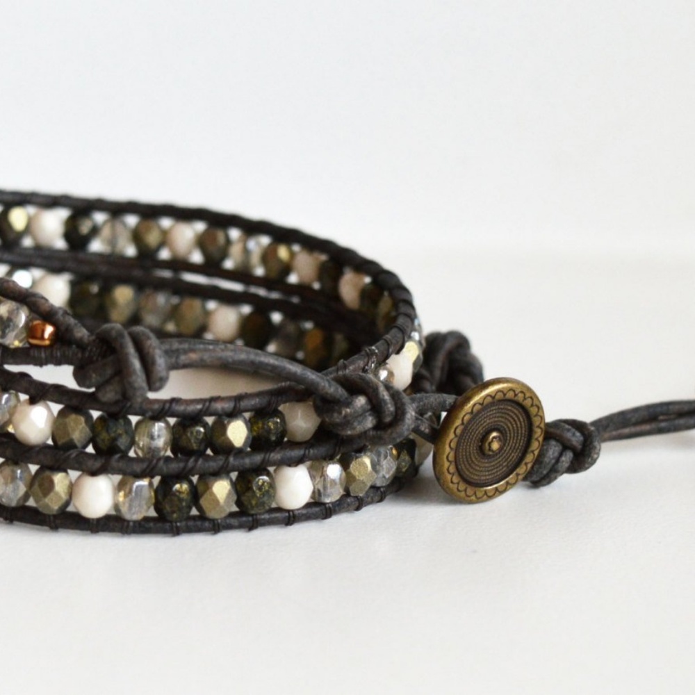 Glass Bead Gold White & Black Triple Wrap Bracelet